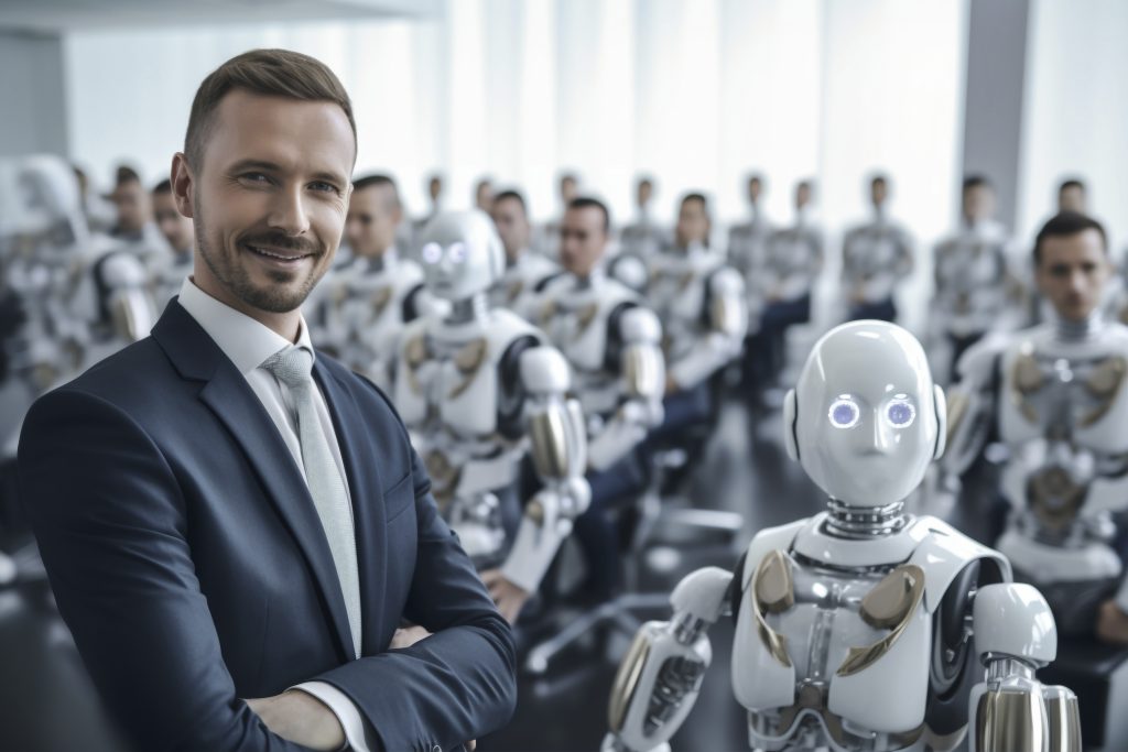person-surrounded-by-ai-robots-coworkers