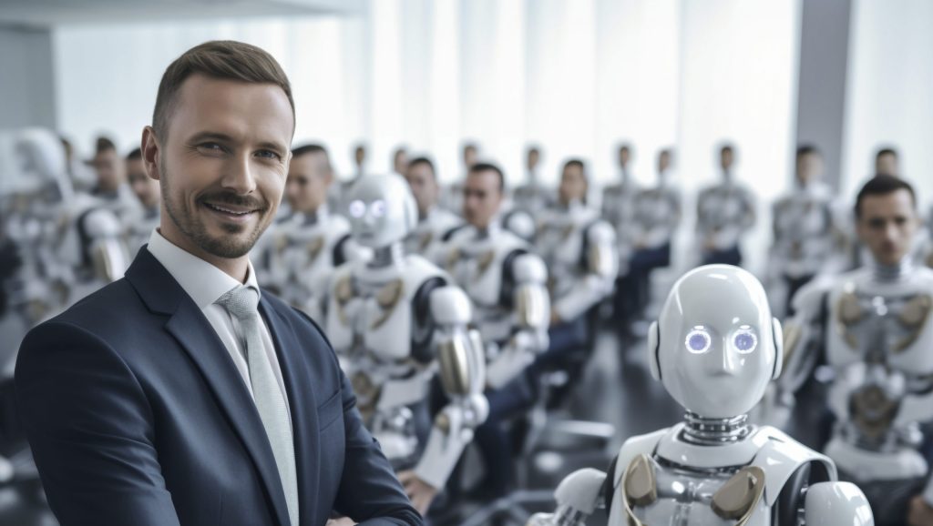 person-surrounded-by-ai-robots-coworkers