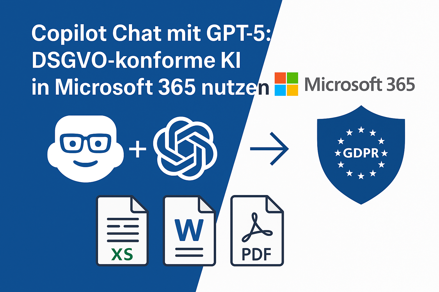 Illustration zu Copilot Chat GPT-5 DSGVO-konform in Microsoft 365 – moderne KI-Lösung mit Microsoft-Logo, DSGVO-Symbol und digitalem Netzwerk-Design.