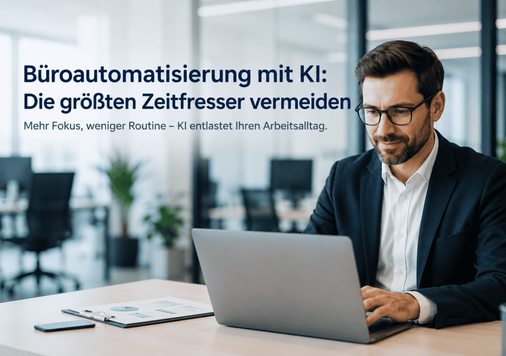 (KI-generierte Darstellung) Ein Geschäftsmann mit Brille arbeitet konzentriert an einem Laptop in einem modernen Büro. Links daneben steht der Text: 'Büroautomatisierung mit KI: Die größten Zeitfresser vermeiden. Mehr Fokus, weniger Routine – KI entlastet Ihren Arbeitsalltag.'