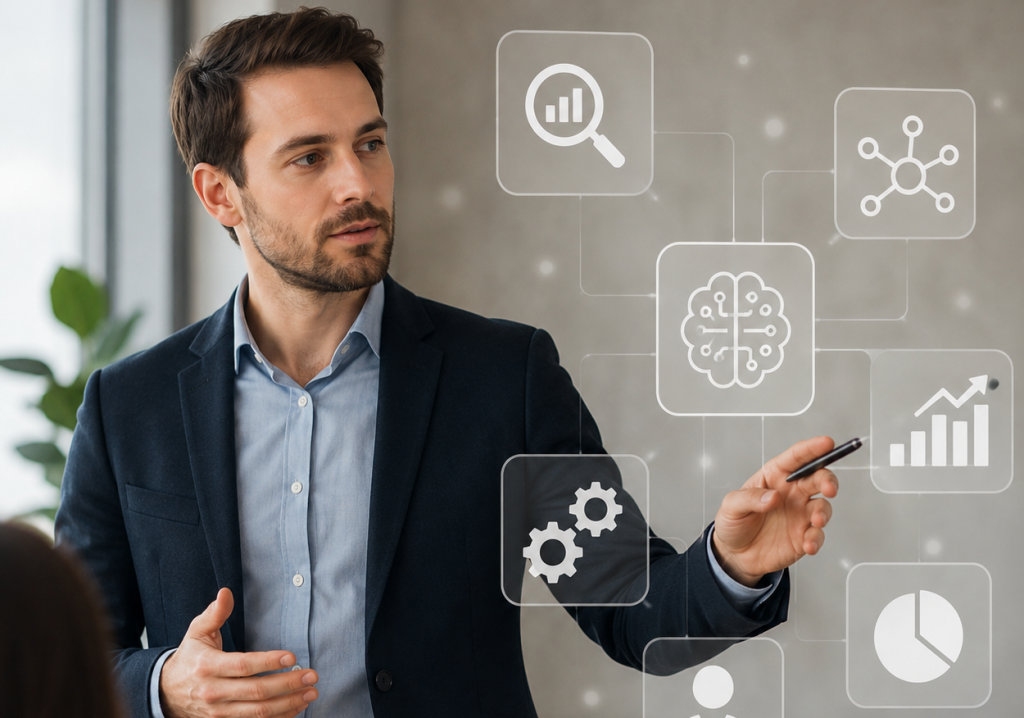 KI-Consultant analysiert Geschäftsprozesse und präsentiert Strategien zur Einführung künstlicher Intelligenz in einem modernen Unternehmensumfeld.