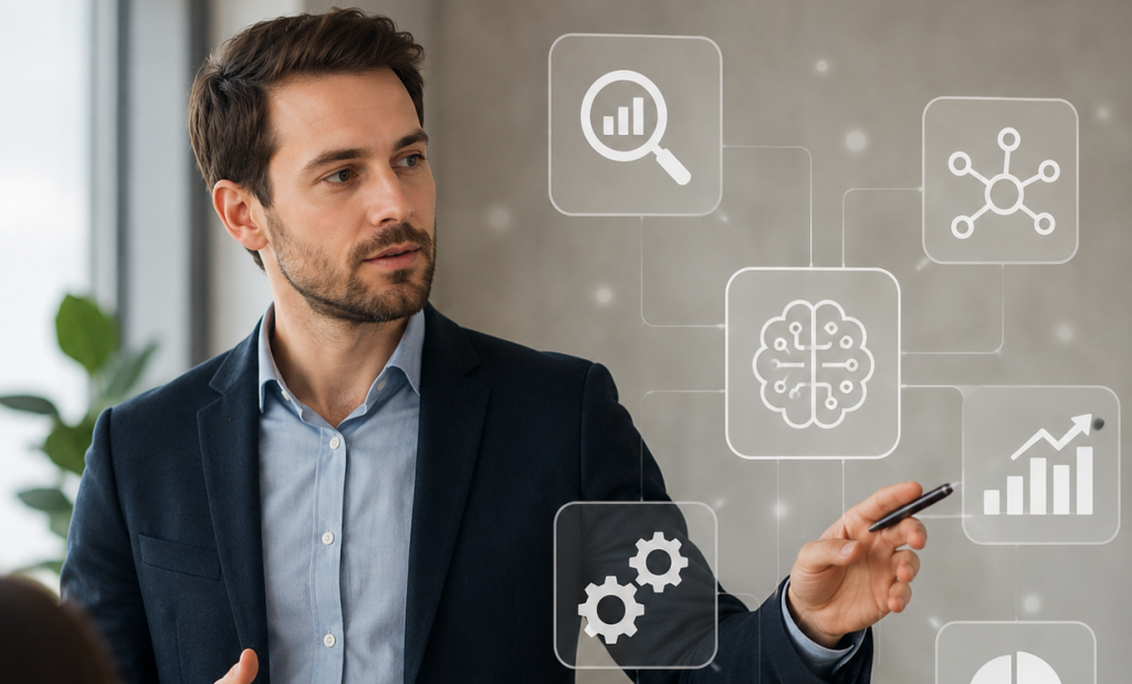 KI-Consultant analysiert Geschäftsprozesse und präsentiert Strategien zur Einführung künstlicher Intelligenz in einem modernen Unternehmensumfeld.