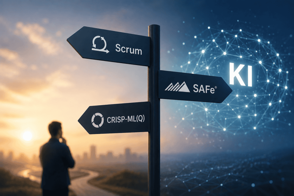 Symbolbild zur Entscheidungsfindung bei KI-Projekten: Ein Mann blickt auf einen Wegweiser, der verschiedene Frameworks wie Scrum, CRISP-ML(Q) und SAFe im Bereich der Künstlichen Intelligenz zeigt.