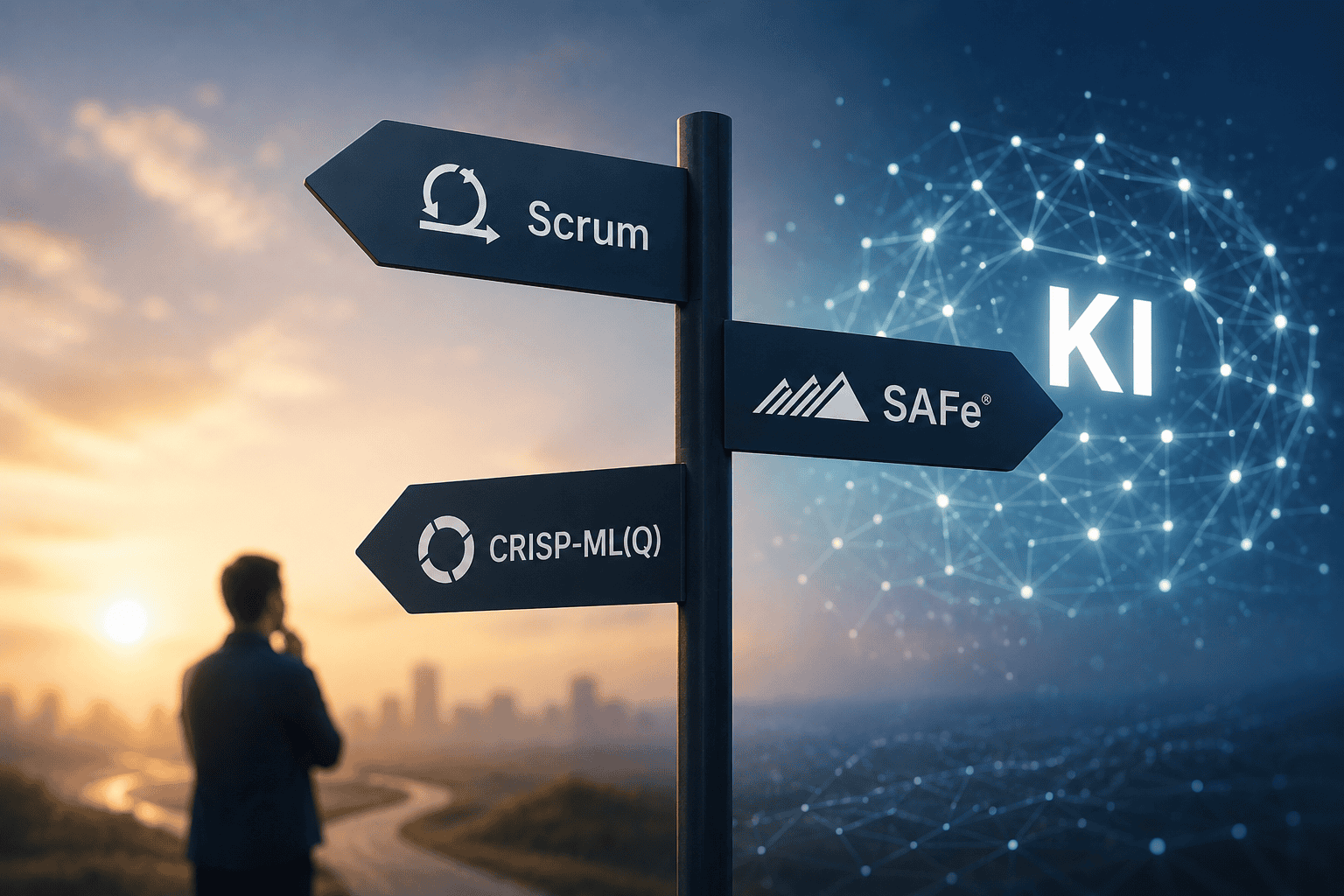 Symbolbild zur Entscheidungsfindung bei KI-Projekten: Ein Mann blickt auf einen Wegweiser, der verschiedene Frameworks wie Scrum, CRISP-ML(Q) und SAFe im Bereich der Künstlichen Intelligenz zeigt.