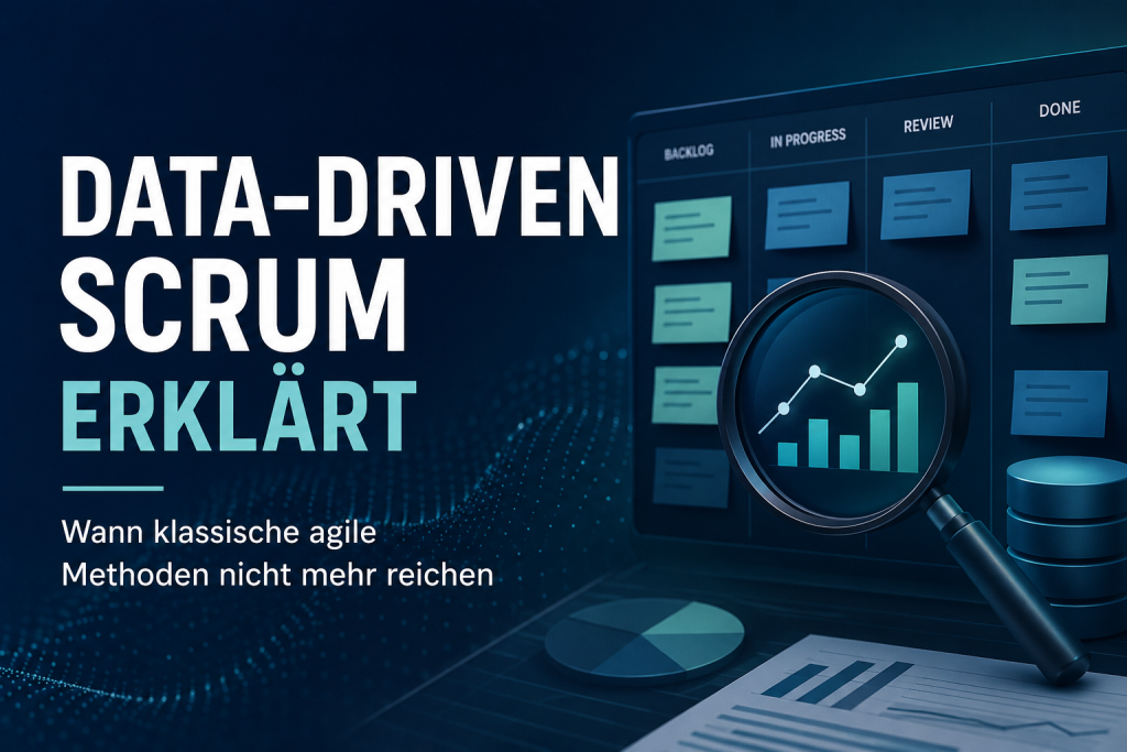 Illustration zu Data-Driven Scrum mit digitalem Kanban-Board, Datenanalyse und Diagrammen. Das Beitragsbild veranschaulicht agile Methoden für KI- und Data-Science-Projekte.