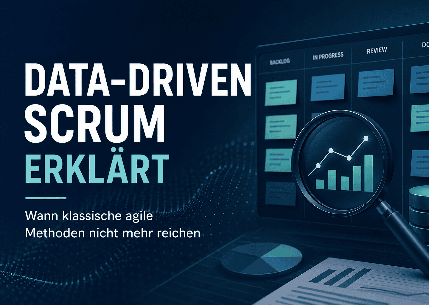 Illustration zu Data-Driven Scrum mit digitalem Kanban-Board, Datenanalyse und Diagrammen. Das Beitragsbild veranschaulicht agile Methoden für KI- und Data-Science-Projekte.