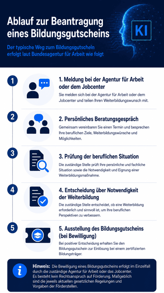 Infografik zum fünfstufigen Ablauf der Beantragung eines Bildungsgutscheins. Sie visualisiert den Prozess von der ersten Meldung beim Jobcenter oder der Agentur für Arbeit über das Beratungsgespräch, die Prüfung und Entscheidung bis zur letztendlichen Ausstellung des Gutscheins. Unten befindet sich ein rechtlicher Hinweis, dass es sich um Einzelfallentscheidungen ohne Rechtsanspruch auf Förderung handelt.
