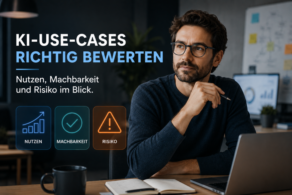 Banner: KI-Use-Cases richtig bewerten – Nutzen, Machbarkeit und Risiko im Blick. Ein nachdenklicher Experte sitzt mit Laptop im Büro.