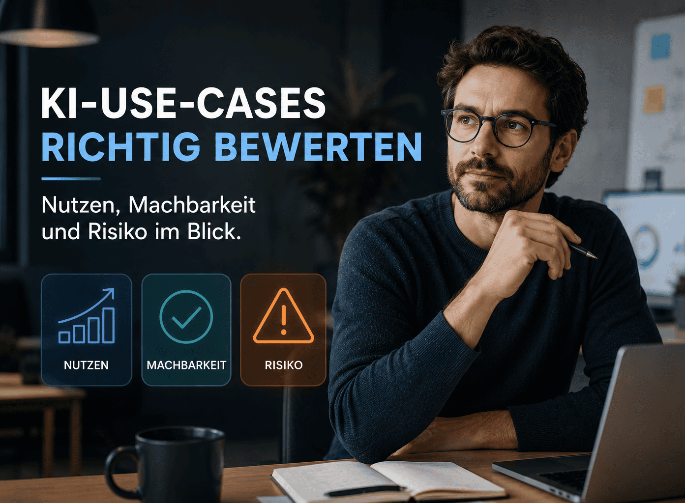 Banner: KI-Use-Cases richtig bewerten – Nutzen, Machbarkeit und Risiko im Blick. Ein nachdenklicher Experte sitzt mit Laptop im Büro.