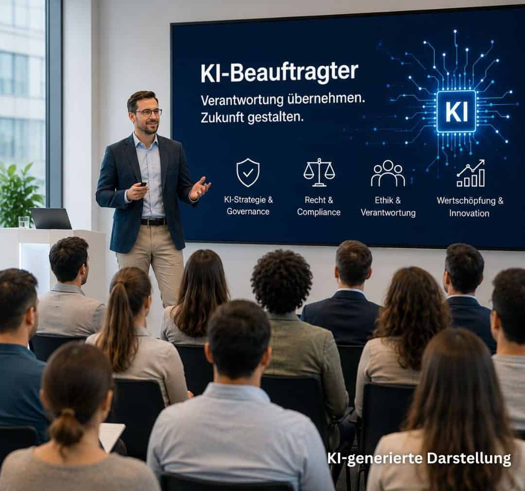 Ein Dozent präsentiert in einer Schulung die Ausbildung zum KI-Beauftragten. Auf dem Bildschirm sind die Kernmodule zu sehen: KI-Strategie & Governance, Recht & Compliance, Ethik sowie Wertschöpfung & Innovation. (KI-generiertes Symbolbild)