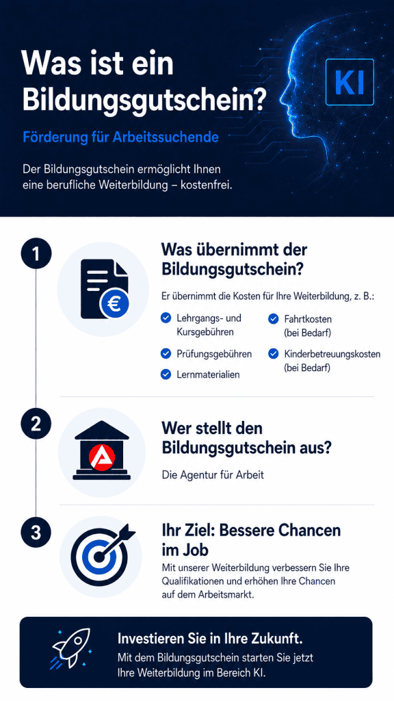 nfografik zum Bildungsgutschein für Arbeitssuchende. Sie erklärt, dass die Agentur für Arbeit oder das Jobcenter die kompletten Kosten für eine Weiterbildung (inklusive Gebühren, Material, Fahrt- und Betreuungskosten) übernehmen, um die Jobchancen zu verbessern. Das Bild schließt mit dem Aufruf, per Bildungsgutschein eine Weiterbildung im Bereich KI zu starten.