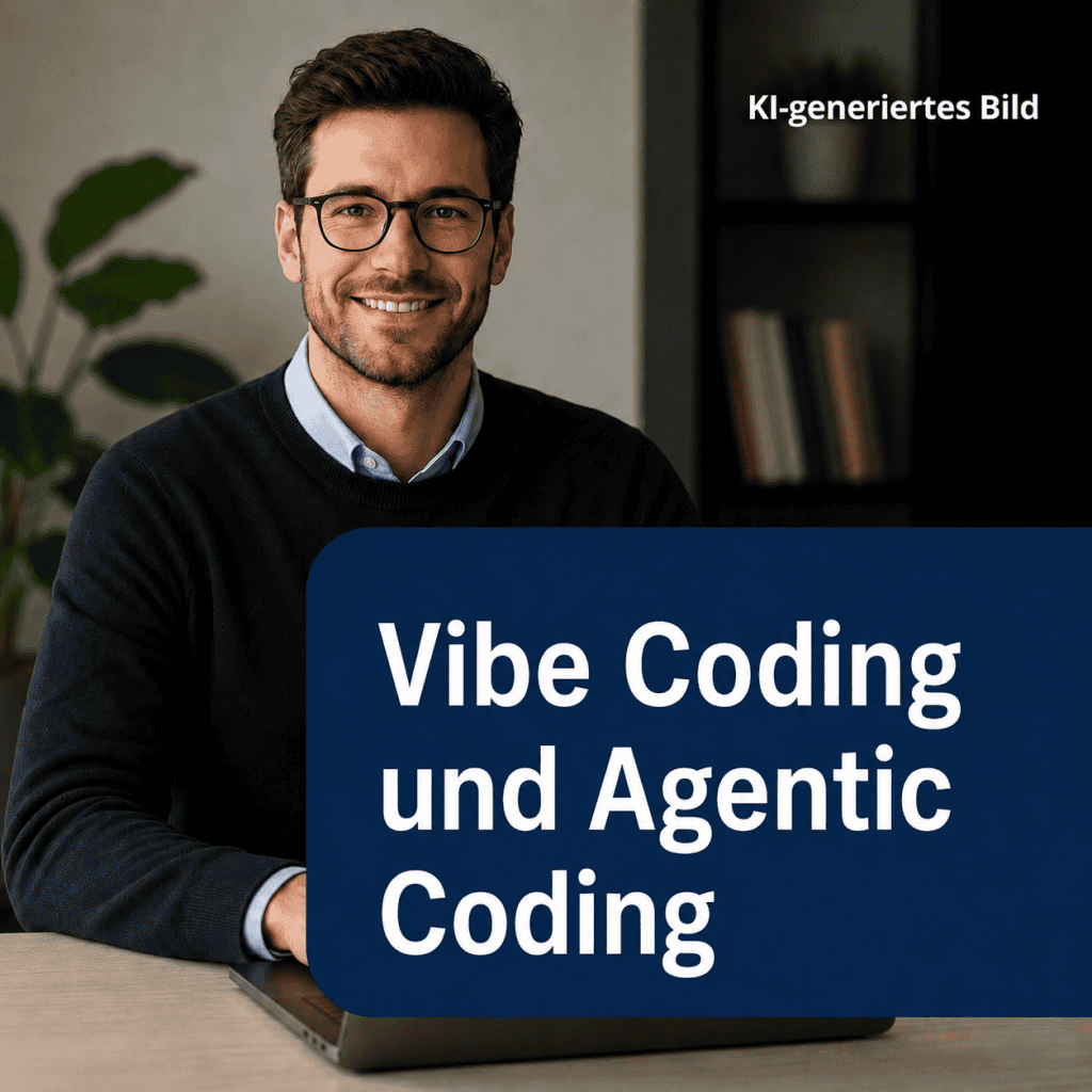 Ein lächelnder Mann mit Brille und dunkelblauem Pullover sitzt an einem Schreibtisch vor einem Laptop. Im Vordergrund des Bildes befindet sich eine große, dunkelblaue Textbox mit der weißen, auffälligen Aufschrift „Vibe Coding und Agentic Coding“. Oben rechts in der Ecke ist der kleine Hinweis „KI-generiertes Bild“ zu sehen.