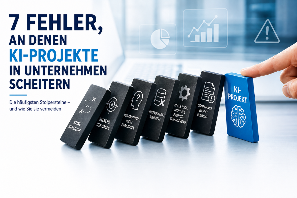 Eine Grafik zeigt einen Dominoeffekt bei der KI-Einführung im Unternehmen. Ein Finger stößt einen blauen Dominostein mit der Aufschrift "KI-Projekt" an, der droht, weitere Steine umzuwerfen. Auf diesen stehen die Fehler: Keine Strategie, Falsche Use Cases, Mitarbeitende nicht einbezogen, Datenqualität ignoriert, KI als Tool statt Prozessveränderung und Compliance zu spät bedacht. Links steht der Titel: "7 Fehler, an denen KI-Projekte in Unternehmen scheitern". (KI-generierte Darstellung)