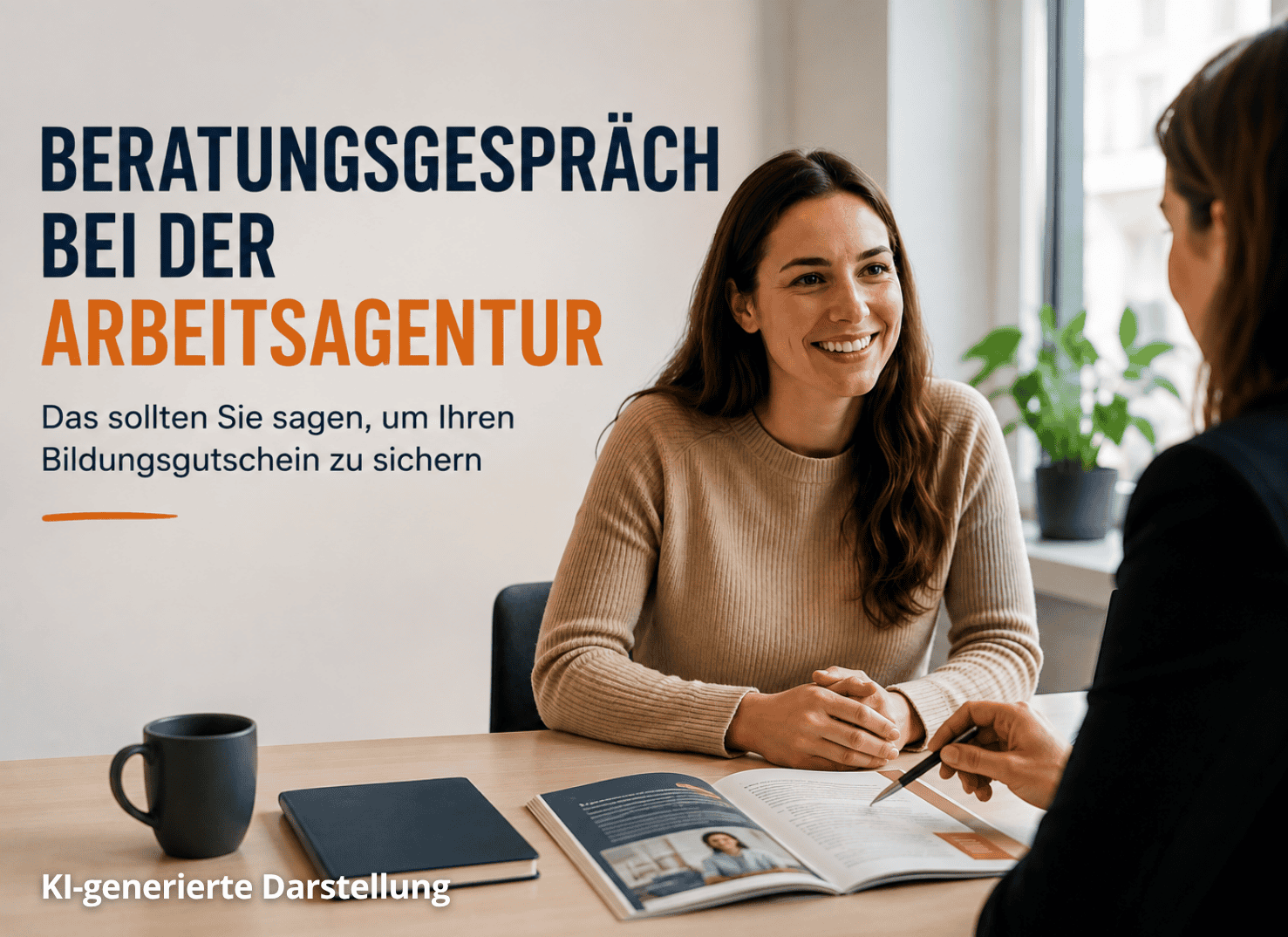 Ein Grafik-Bild mit einem Foto eines Beratungsgesprächs zwischen zwei Frauen an einem Tisch. Die Überschrift lautet 'BERATUNGSGESPRÄCH BEI DER ARBEITSAGENTUR' (in Dunkelblau und Orange) und die Unterüberschrift 'Das sollten Sie sagen, um Ihren Bildungsgutschein zu sichern'. Im Foto sitzt eine lächelnde Frau in einem beigen Pullover einer Beraterin in einem Blazer gegenüber, die auf ein aufgeschlagenes Prospekt zeigt. Eine Kaffeetasse und ein Notizbuch liegen auf dem Holztisch. (KI-generiertes Bild)
