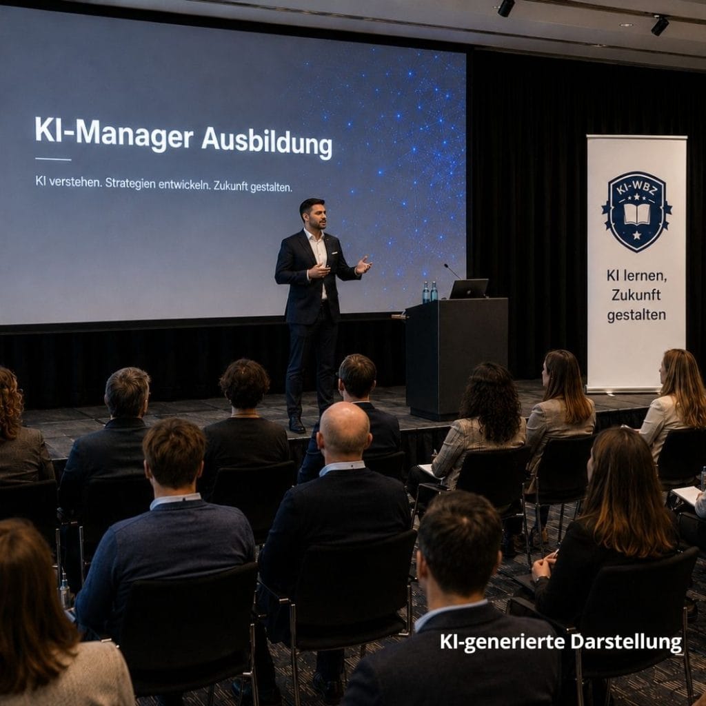 Ein Referent in einem blauen Anzug hält einen Vortrag auf einer Bühne in einem gut besetzten Seminarraum. Hinter ihm zeigt eine große Leinwand den Titel "KI-Manager Ausbildung" und den Untertitel "KI verstehen. Strategien entwickeln. Zukunft gestalten.". Rechts auf der Bühne steht ein Roll-up-Banner mit dem Logo "KI-WBZ" und dem Slogan "KI lernen, Zukunft gestalten". Das Publikum sitzt vor der Bühne und hört aufmerksam zu. (KI-generierte Darstellung)