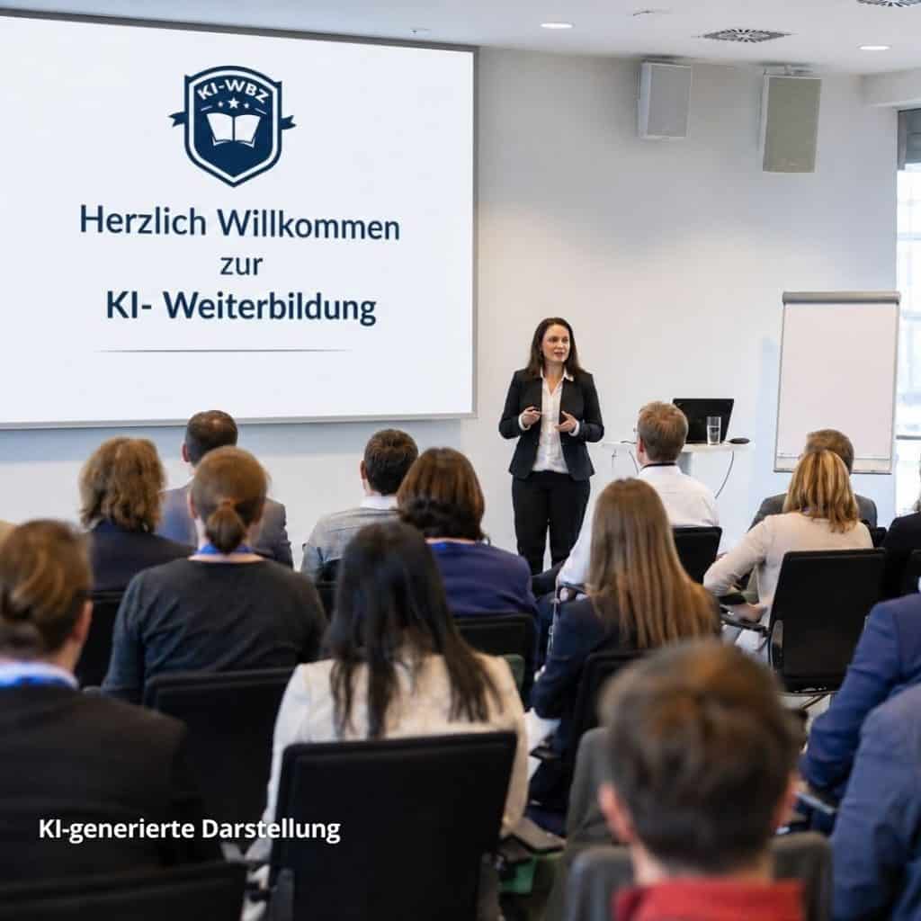 Eine Referentin hält einen Vortrag in einem gut besuchten Seminarraum. Auf der Leinwand steht: "Herzlich Willkommen zur KI- Weiterbildung