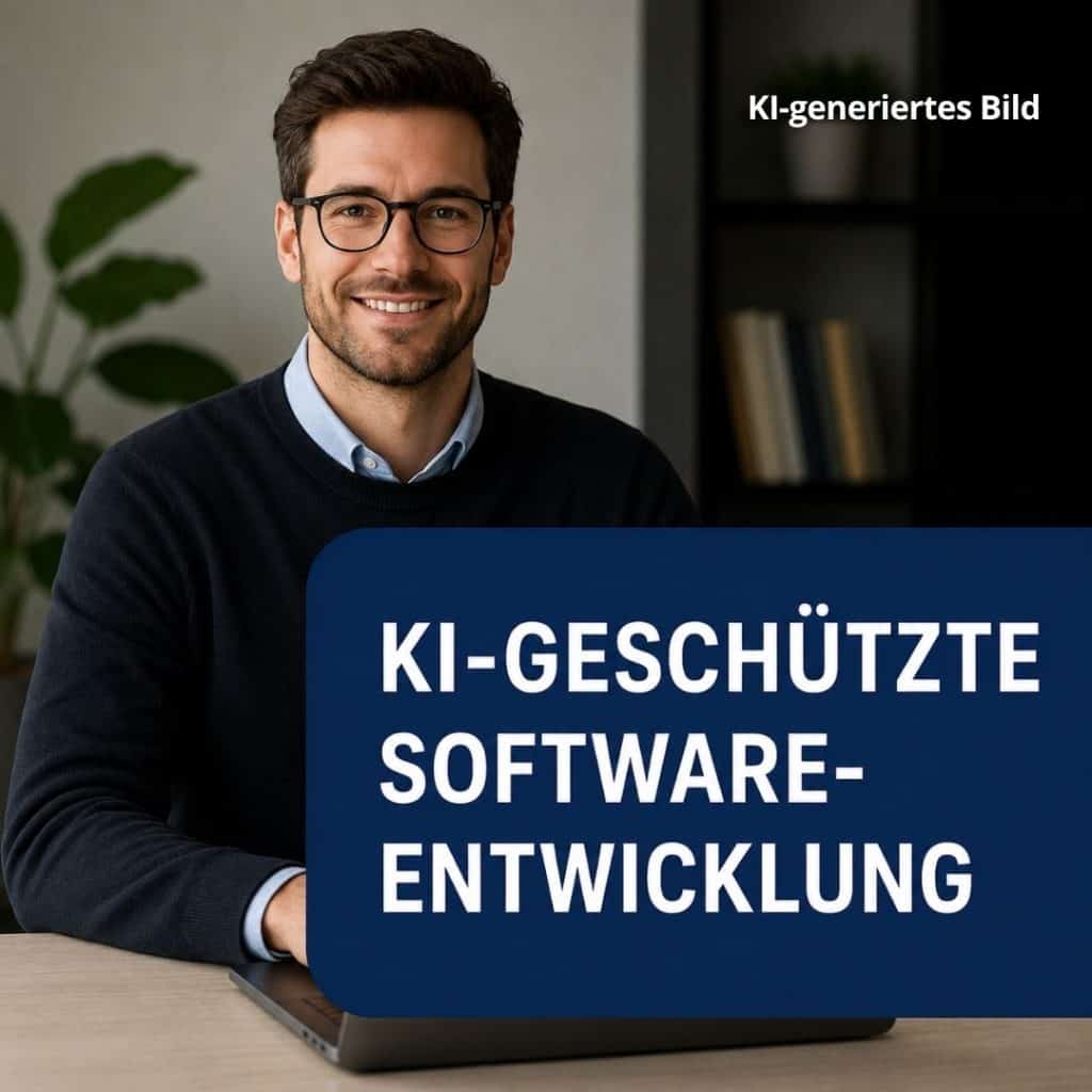Ein lächelnder Mann mit Brille und dunkelblauem Pullover sitzt an einem Schreibtisch vor einem Laptop. Im Vordergrund des Bildes befindet sich eine große, dunkelblaue Textbox mit der weißen, auffälligen Aufschrift „KI-GESCHÜTZTE SOFTWARE-ENTWICKLUNG“. Oben rechts in der Ecke ist der kleine Hinweis „KI-generiertes Bild“ zu sehen.