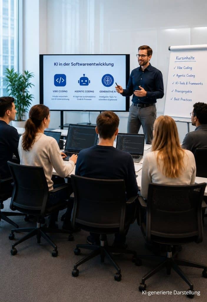 Ein Dozent präsentiert in einer KI-gestützten Softwareentwicklung Weiterbildung die Themen Vibe Coding und Agentic Coding vor einer Gruppe von Teilnehmern. (KI-generiertes Symbolbild)