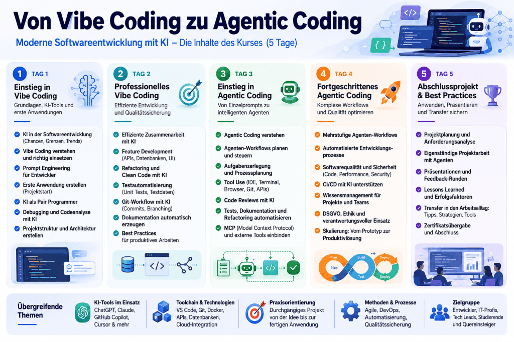 Infografik zum 5-tägigen Kurs "Von Vibe Coding zu Agentic Coding – Moderne Softwareentwicklung mit KI". Die Grafik zeigt den stufenweisen Aufbau des Kurses von den Grundlagen des Vibe Codings (Tag 1-2) über den Einstieg und fortgeschrittene Techniken des Agentic Codings (Tag 3-4) bis hin zum Abschlussprojekt (Tag 5). Im unteren Bereich werden übergreifende Themen wie genutzte KI-Tools, Toolchains, Praxisorientierung und die Zielgruppe dargestellt.