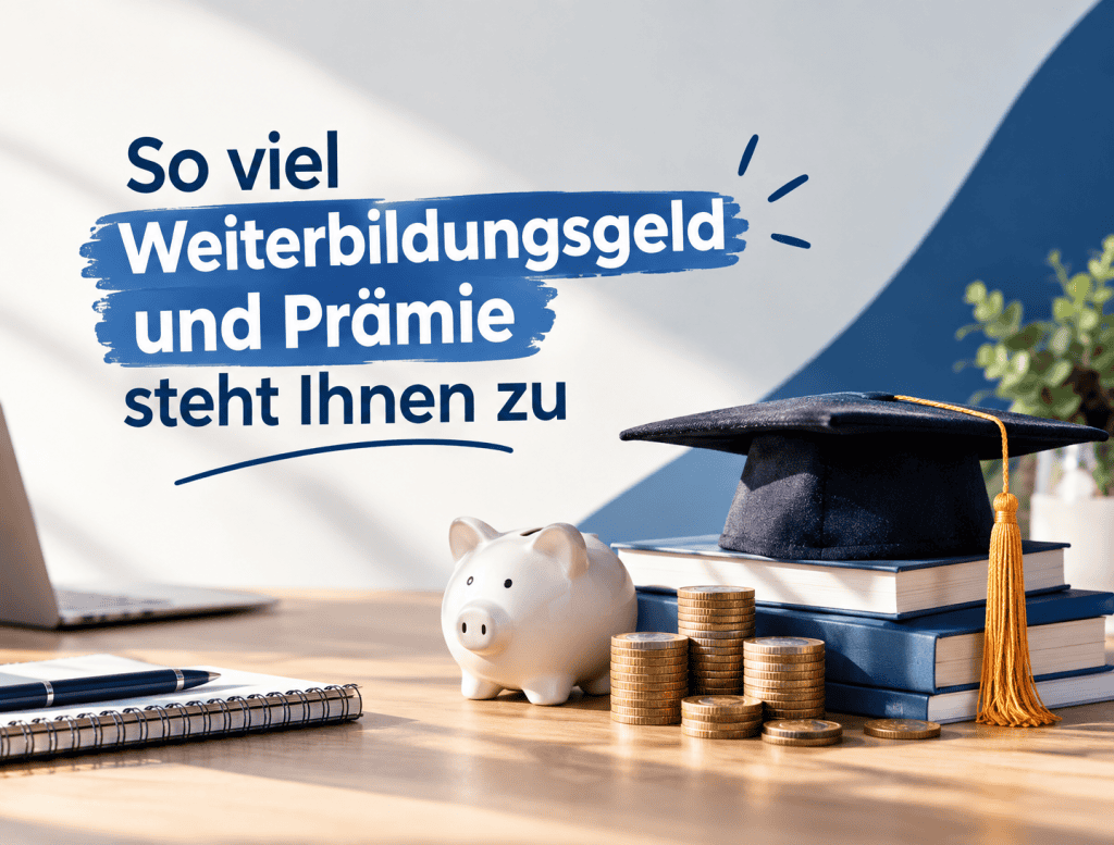 Sparschwein, Münzen und Abschlusskappe auf Büchern als Symbol für Weiterbildungsgeld und Prämien bei geförderten Weiterbildungen. (KI-generierte Darstellung)