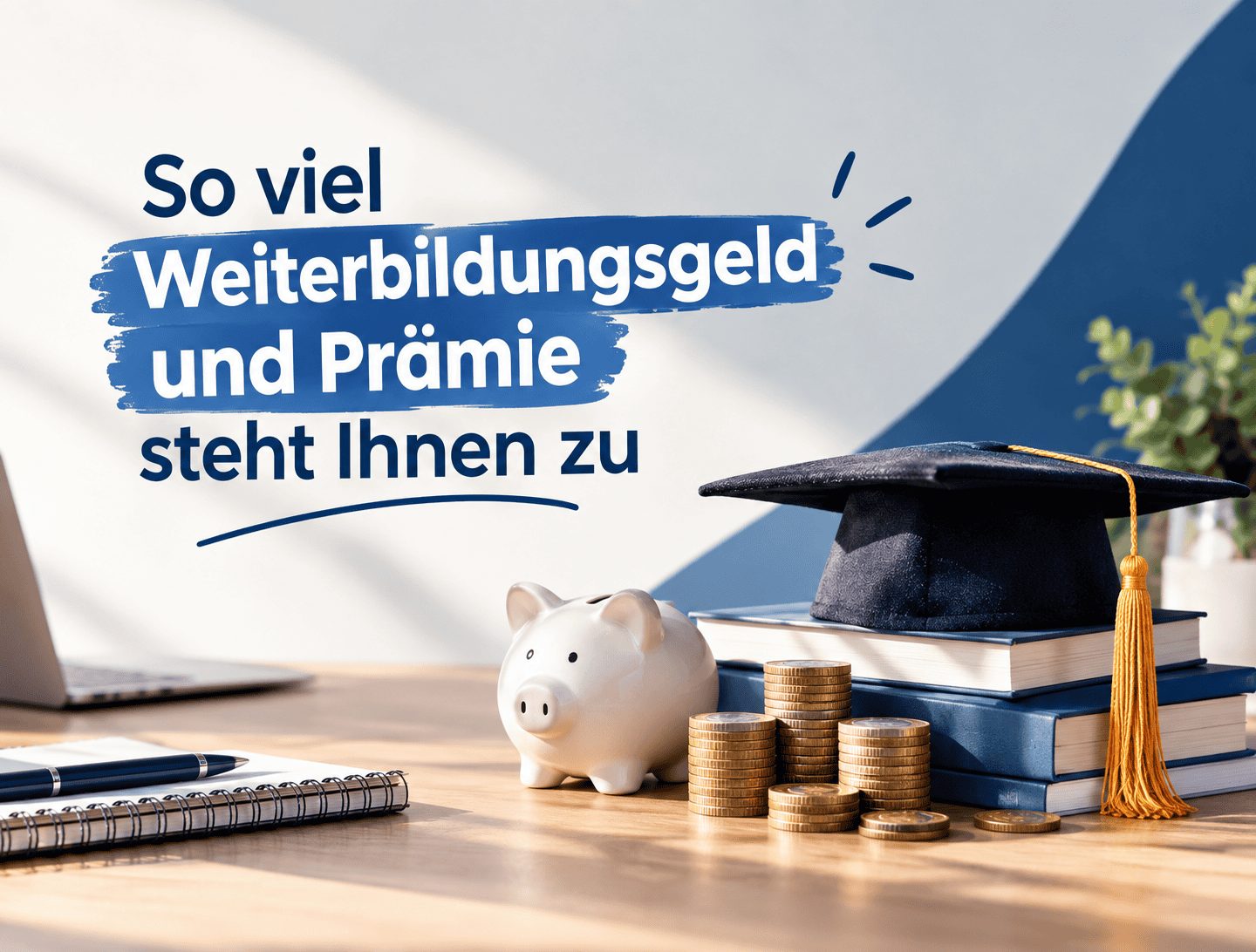 Sparschwein, Münzen und Abschlusskappe auf Büchern als Symbol für Weiterbildungsgeld und Prämien bei geförderten Weiterbildungen. (KI-generierte Darstellung)