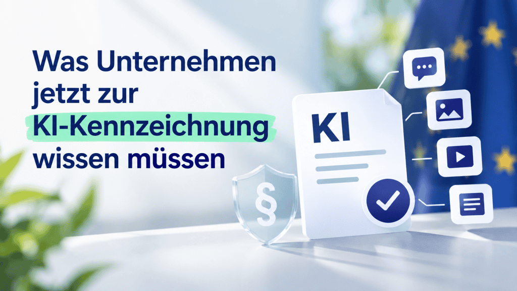 Grafik zur KI-Kennzeichnung mit dem Titel ‚Was Unternehmen jetzt zur KI-Kennzeichnung wissen müssen‘, einem KI-Dokument mit Prüfsymbol und Symbolen für Chat, Bild, Video und Text vor einem angedeuteten EU-Hintergrund.