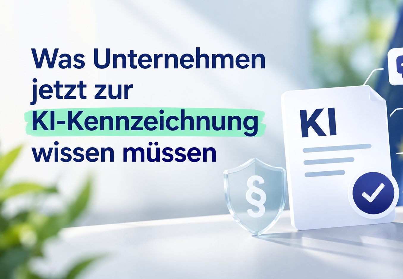 Grafik zur KI-Kennzeichnungspflicht: KI-Dokument mit Prüfsymbol, Symbole für Chat, Bild, Video, Text vor EU-Hintergrund.