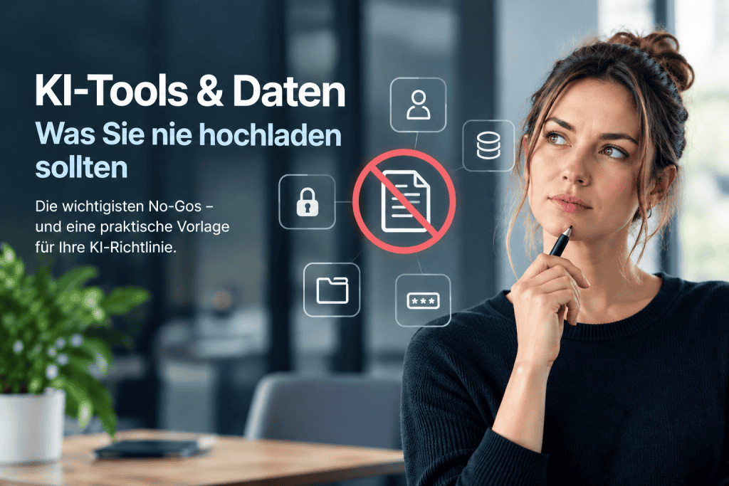 KI-Tools und Daten – nachdenkliche Frau vor Icons für Daten, Passwort und Dokumente, im Zentrum ein durchgestrichenes Dokument.