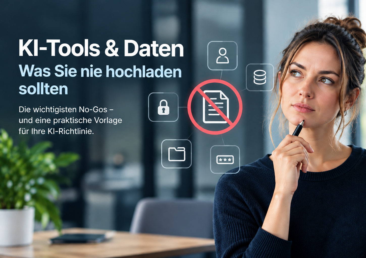 KI-Tools und Daten – nachdenkliche Frau vor Icons für Daten, Passwort und Dokumente, im Zentrum ein durchgestrichenes Dokument.