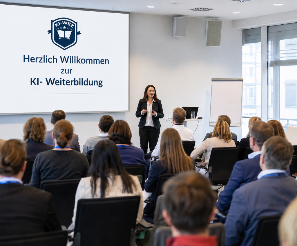 Eine Referentin hält einen Vortrag in einem gut besuchten Seminarraum. Auf der Leinwand steht: "Herzlich Willkommen zur KI- Weiterbildung