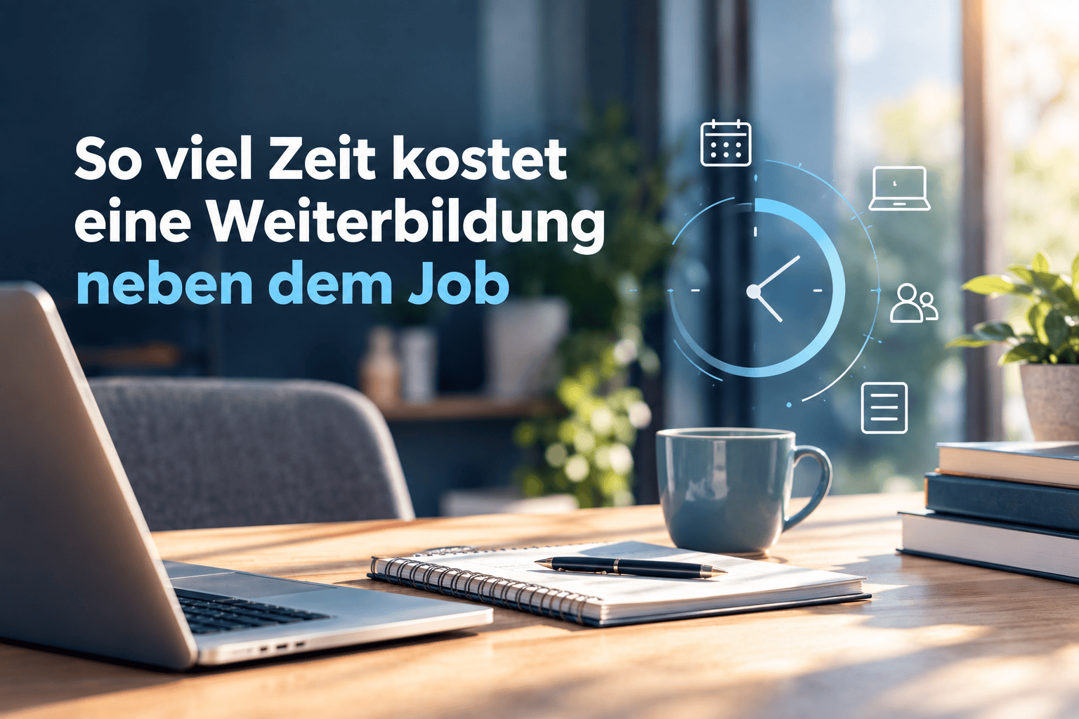 Schreibtisch mit Laptop und Notizbuch für eine Weiterbildung neben dem Job, daneben eine Uhr mit Icons für Zeitplanung.